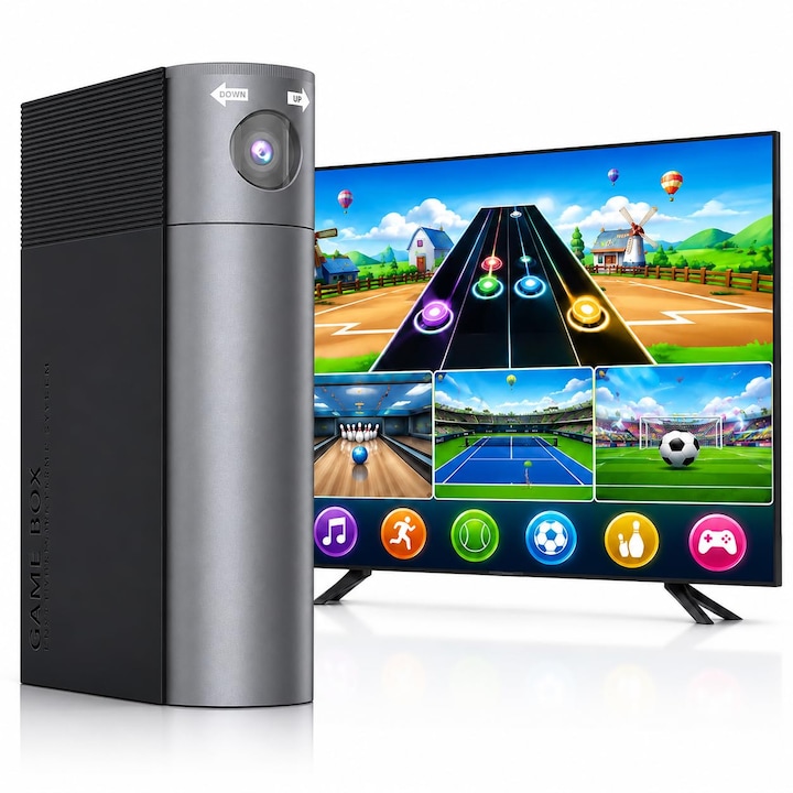 Consola de jocuri Bedee AR Motion, 28 de jocuri preincarcate, control prin camera si butoane, sistem de jocuri video TV Plug & Play, pentru copii si adulti, Negru