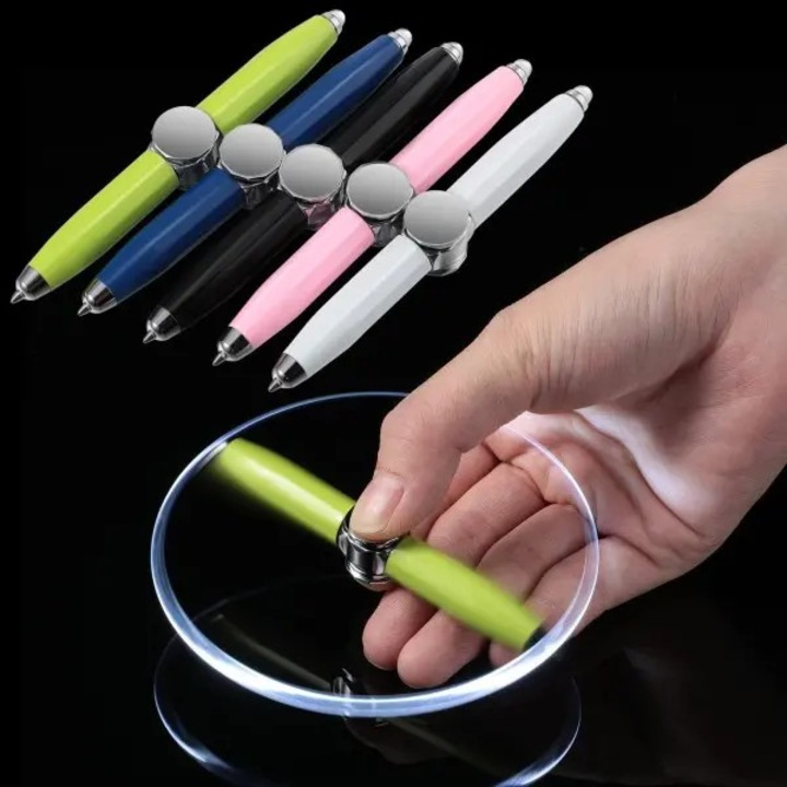 Мултифункционална метална химикалка с LED и спинър, сребриста, 10.5x1.5см