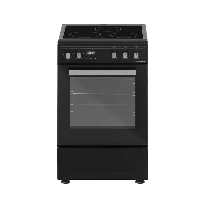 Aragaz electric cu plita vitroceramica Schneider, 50 cm, 3 zone de gatit, cuptor 52 litri, timer, iluminare interioara, temperatura reglabila max. 240°C, 4 functii de gatire, sertar depozitare, curatare catalitica, negru mat