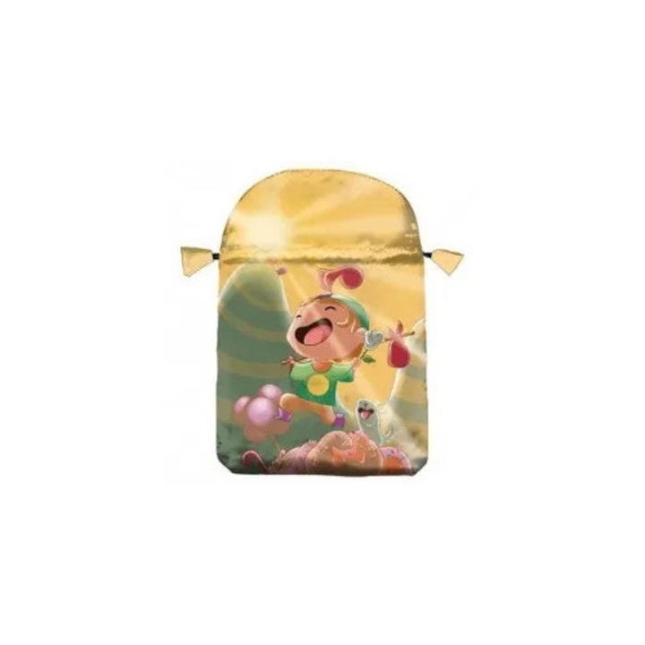 Saculet din satin imprimat Happy Bag, galben/multicolor, 16 x 22,5 cm