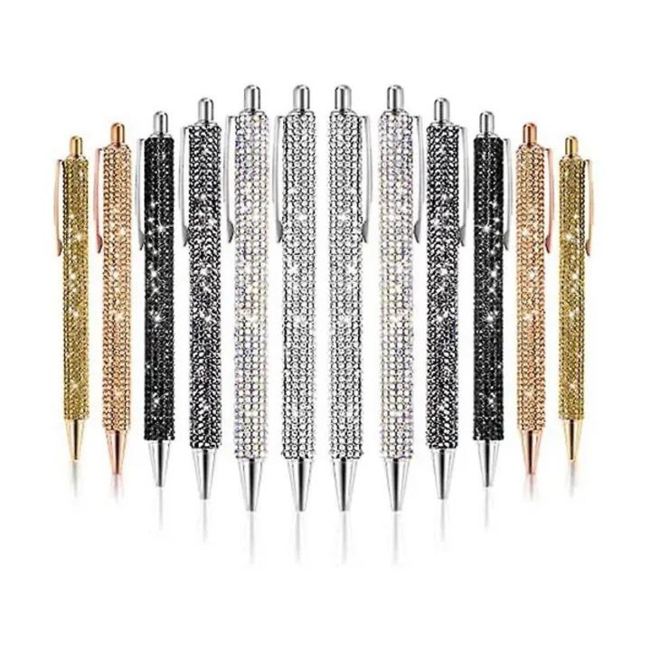 Set 12 pixuri metalice cu cristale multicolor 14x1.5cm, cerneala neagra 0.7mm