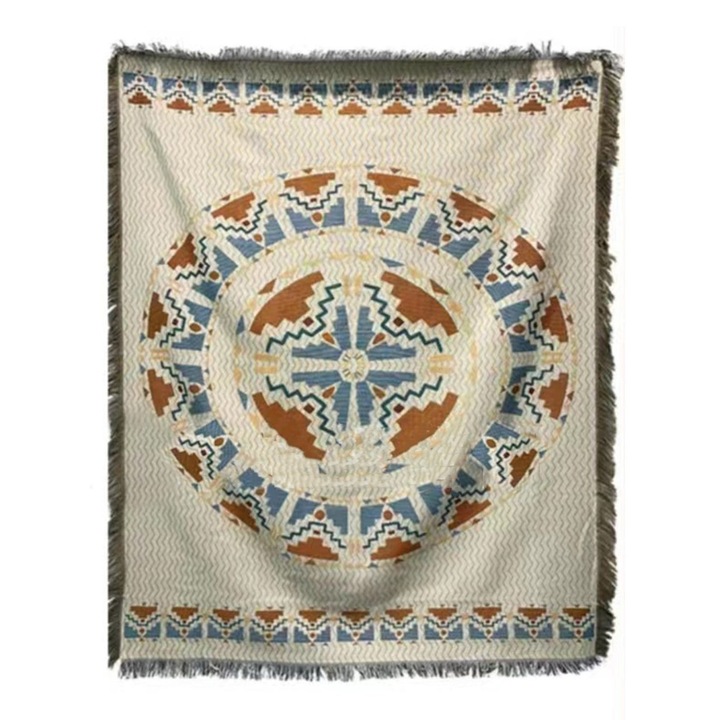 Vintage téglalap alakú asztalterítő, pamut-poliészter, dupla rétegű, rojtokkal, 90x150cm, többszínű