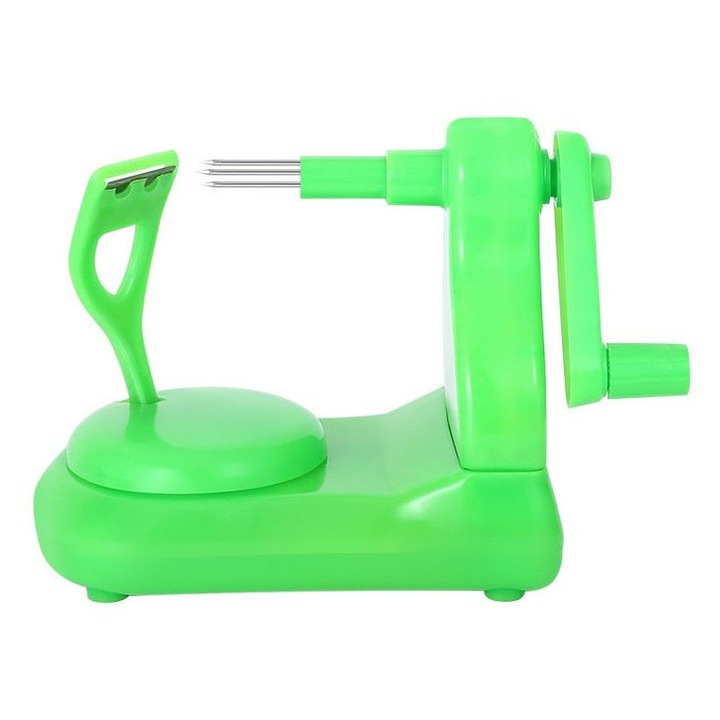 Curatator de mere manual K0312-0711-TD22445, cu manivela, baza cu ventuza si lame din inox, pentru mere si pere, lavabil in masina de spalat vase, verde
