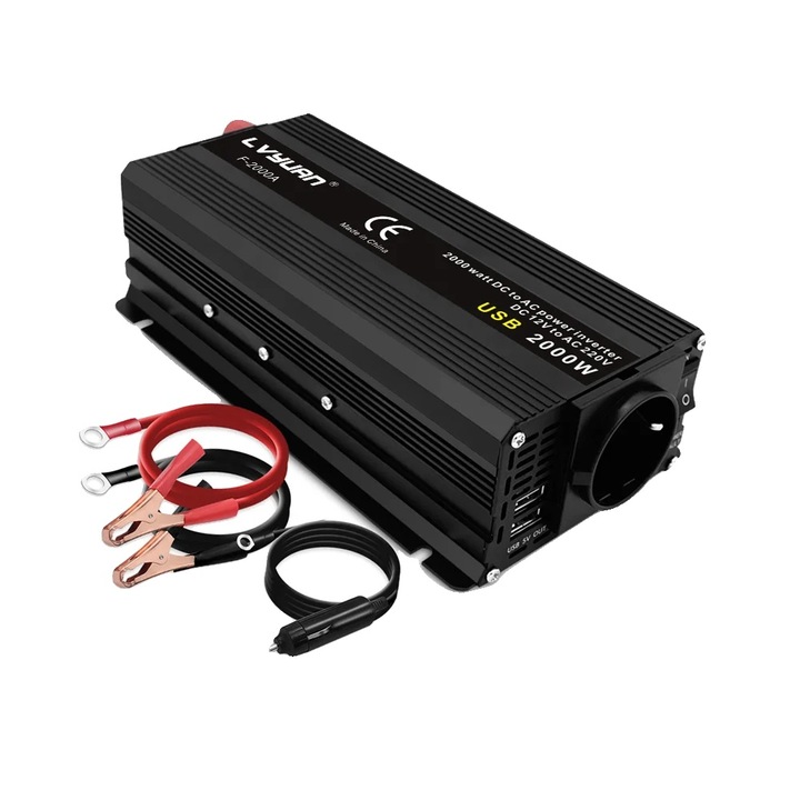 Autós inverter 2000W kettős USB túlterhelés elleni védelemmel 12V 220-240V