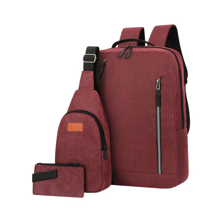 Rucsac multifunctional USB incarcare, capacitate mare, negru, 3 piese