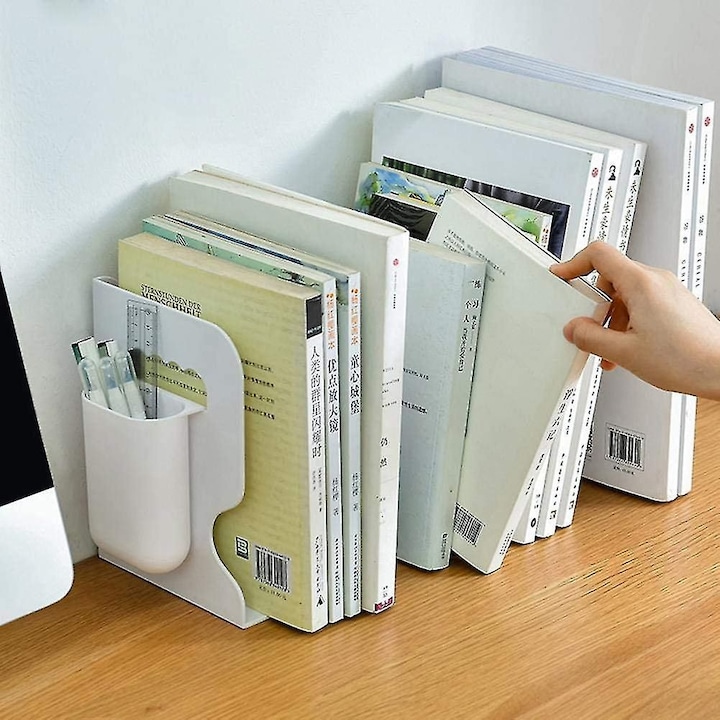 Suport extensibil pentru carti, alb-gri, ABS, multiple compartimente, antiderapant