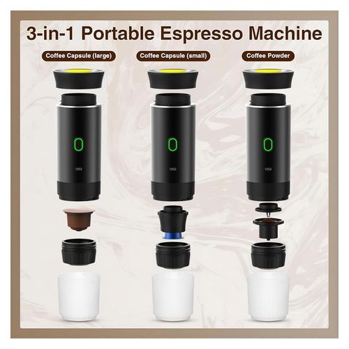 Espressor portabil 3-in-1, alb, 12V, 4-6 min, capsule mari si cafea macinata