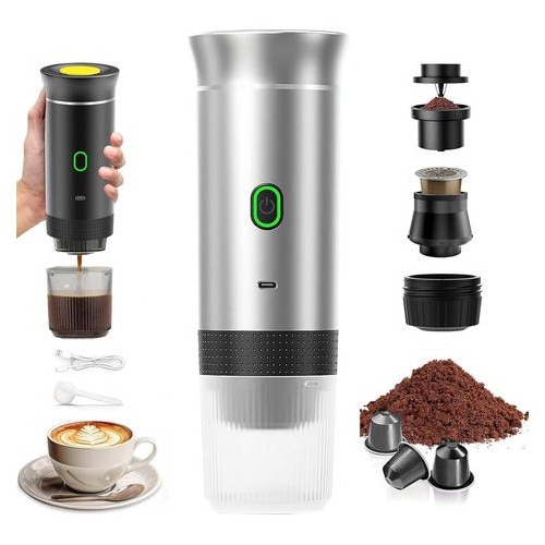 Espressor portabil 3-in-1, alb, 12V, 4-6 min, capsule mari si cafea macinata