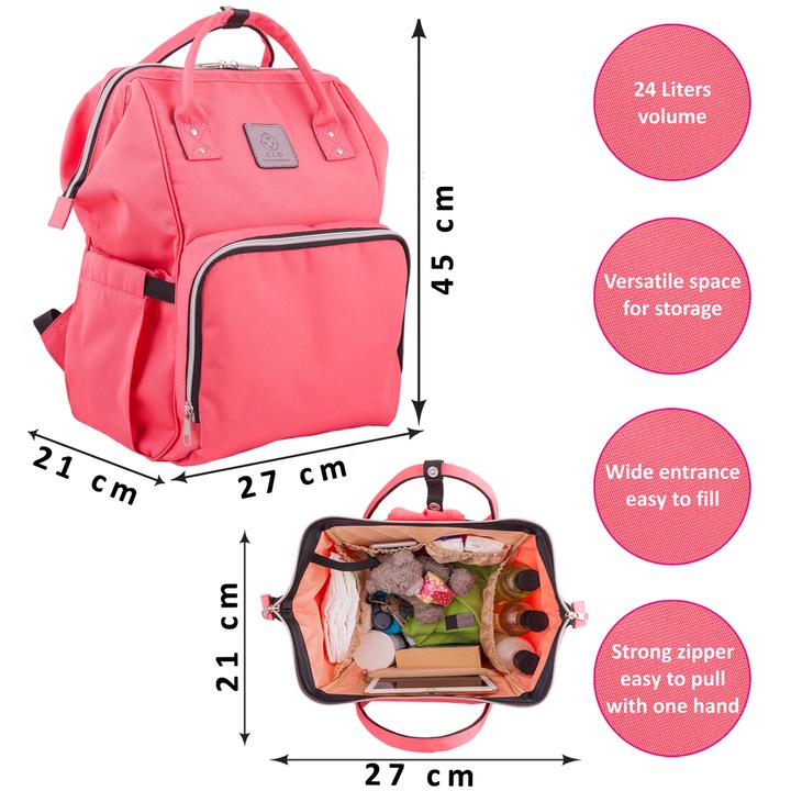 Care Love Devotion Táska / hátizsák, csecsemőknek, gyerekeknek és anyáknak, női Umar/babakocsi táska - Utazásszervező készlet váltópárnával, 45 x 28 x 21 cm, rózsaszín
