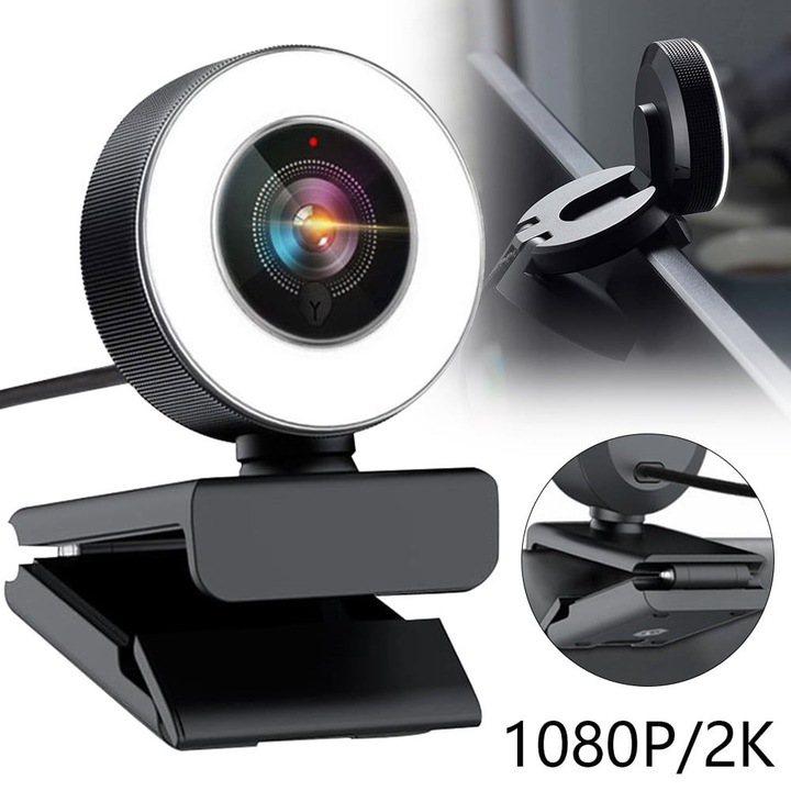 Camera web Full HD 1080p 2K cu iluminare inelara ajustabila, autofocus, USB 1.5m