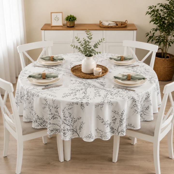 Teflonos kerek asztalterítő, 140cm átmérő, Lenjerii Deosebite, Szürke ágak