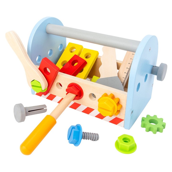 Set cutie scule lemn portabila, jucarie educativa, albastru, 21.8x14.8x11.8cm