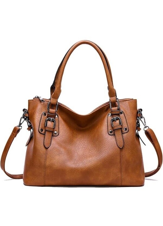 Geanta dama din piele PU, vintage, maro, 32x12x27cm, cu bretea reglabila