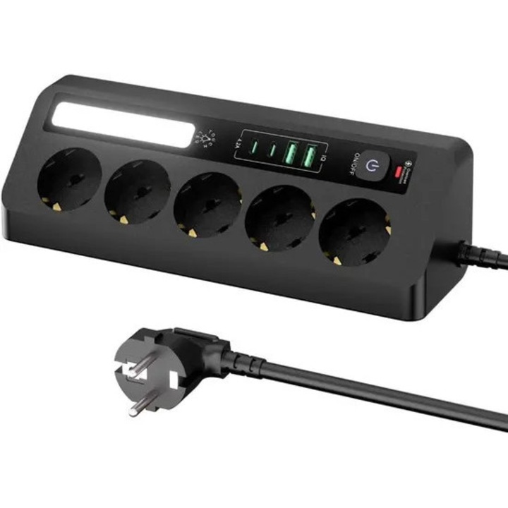 Мултифункционален настолен разклонител 1.8м, 2 USB-C, 2 USB-A, контакти, нощна светлина, бял