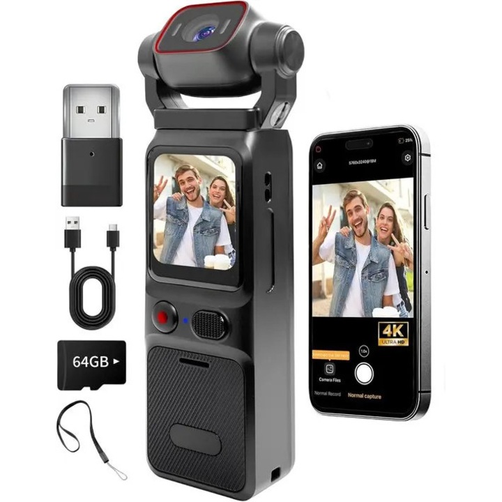 Спортна видеокамера 4K, тъчскрийн, електронна стабилизация, Wi-Fi, 64GB, компактна