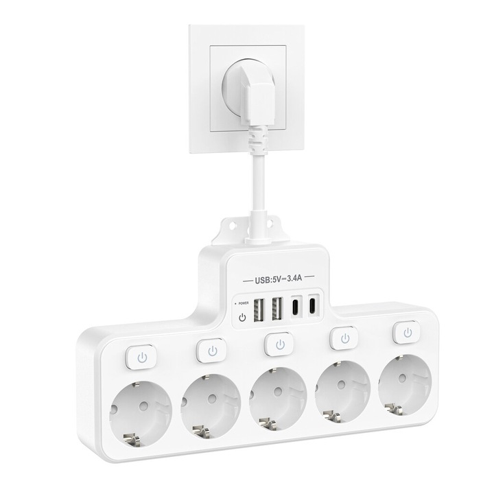 Prelungitor 5 prize 4 USB alb negru 16A 4000W 202544B10