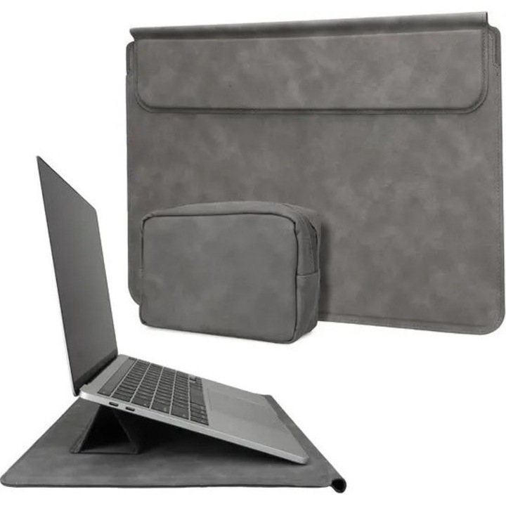 Husa laptop PU piele, suport integrat, buzunar accesorii, negru, 29.4x39.8cm