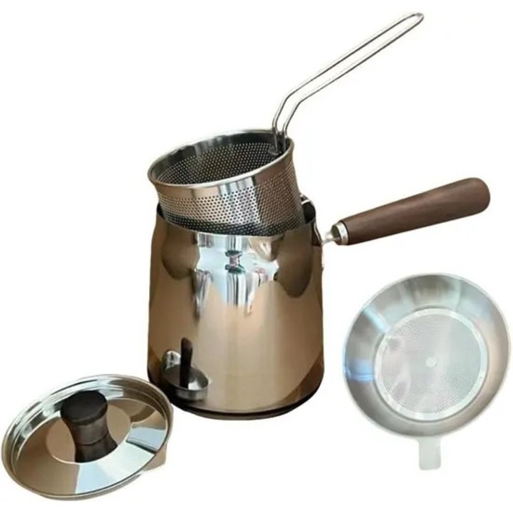 Friteuza de 2 L din otel inoxidabil 304 cu cos pentru prajit si filtru pentru ulei, inox, compatibila cu aragaz/inductie