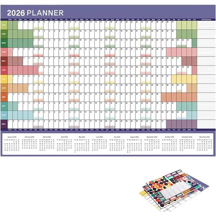 Calendar de birou/perete 2026, planner anual familial si pentru studenti PRE-CJk0515-26-0820-4894, hartie alba rezistenta, multicolor, include banda dublu-adeziva si autocolante