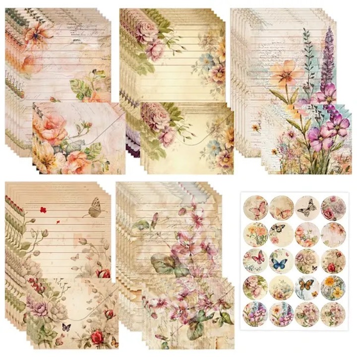 Set hartie pentru scris si plicuri IZO-CJ-K0497-260807-1012, hartie groasa liniata, modele acuarela/florale, Multicolor, 30 piese (5 modele: 6 foi + 3 plicuri), foi 21 x 14 cm, plicuri 14,5 x 10,9 cm