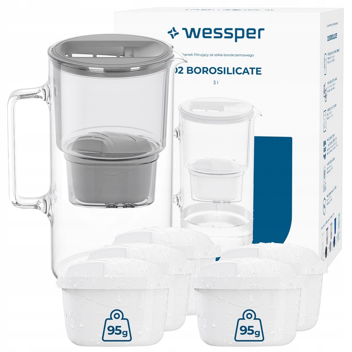 Cana filtranta Wessper D2 Borosilicat 3L cu 6 filtre, transparenta, 3L