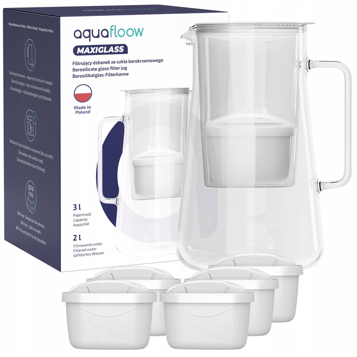 Dzbanek filtrujacy AquaFloow MaxiGlass, 3l, sticla borosilicata, alb, set cu 6 filtre