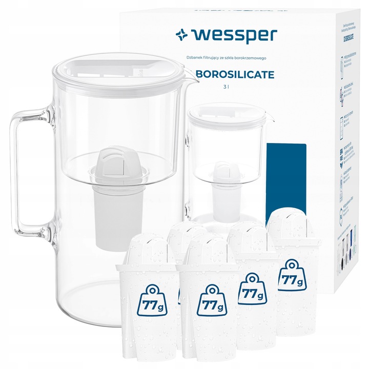 Cana filtranta Wessper D2 borosilicat alb 3l set 6 filtre