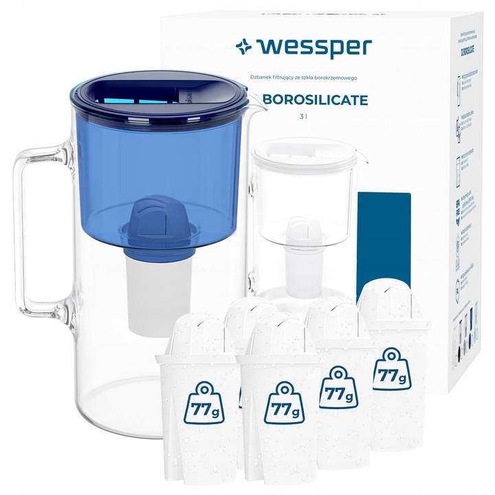 Cana filtranta Wessper D2 Borosilicat 3L cu 6 filtre, transparenta