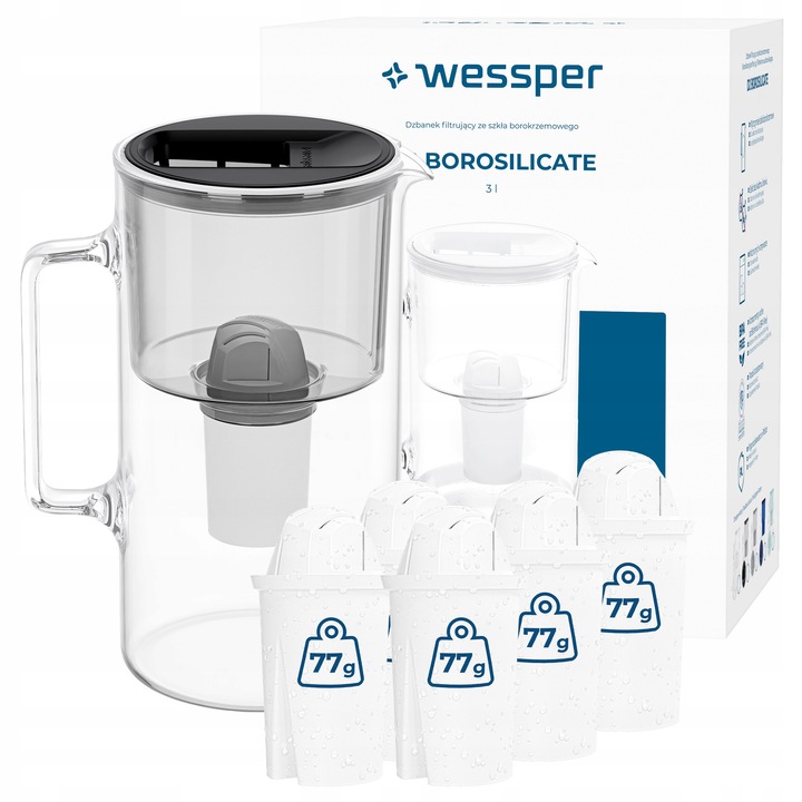 Cana filtranta Wessper D2 borosilicat 3l cu 6 filtre aquaclassic
