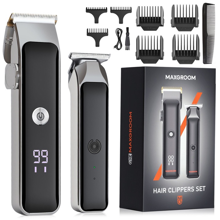 Комплект 2 в 1 MaxGroom M608, Машинка за подстригване + тример, 8500 RPM, USB-C, Включени аксесоари, Черен