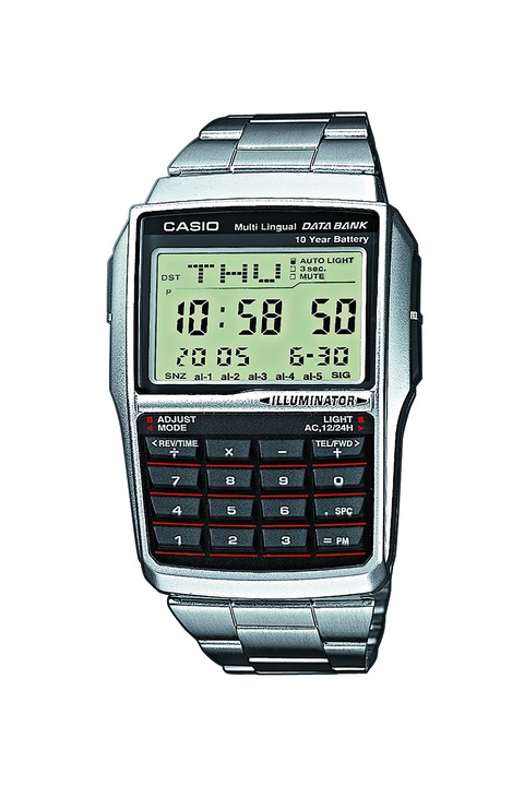 Casio, Часовник с хронограф и 8-дигитален калкулатор, Сребрист