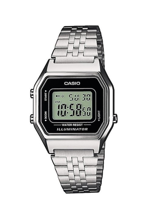 Casio, Електронен часовник с хронограф и метална верижка, Сребрист