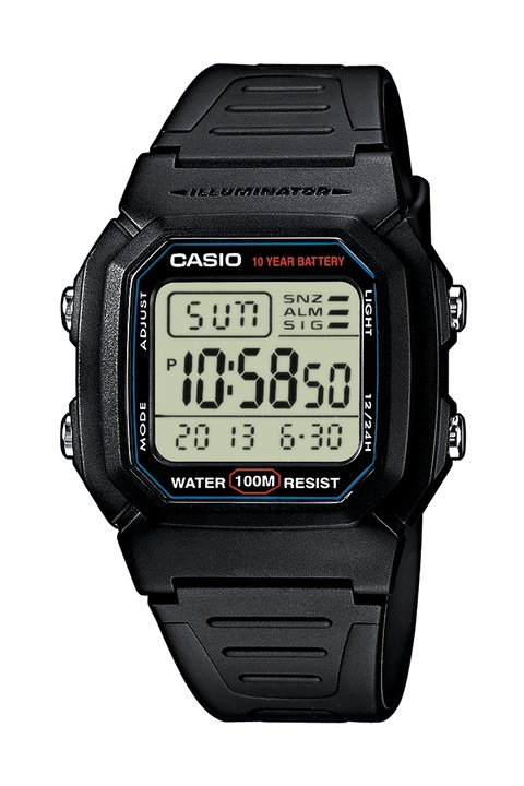 Casio, Цифров часовник с хронограф и каишка от смола, Черен
