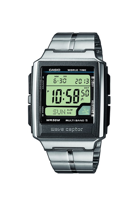 Casio, Цифров часовник с хронограф и метална верижка, Сребрист