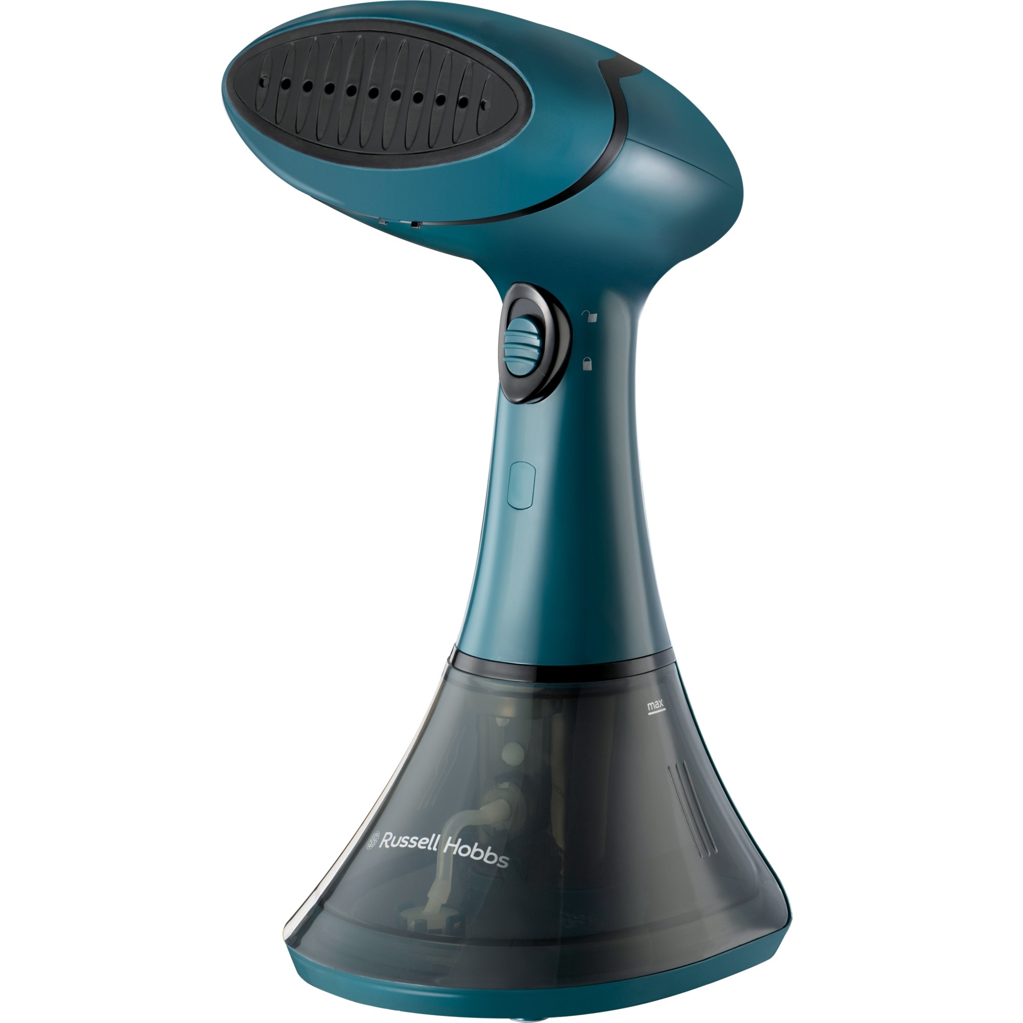 Aburitor pentru haine Russell Hobbs Steam Genie 27220-56 (3FZVX8NDY), 1800 W, flux abur 28 g/min, rezervor 200 ml, 3 accesorii pentru delicate/tapiterie/indepartare par, autonomie ~7 min, turcoaz