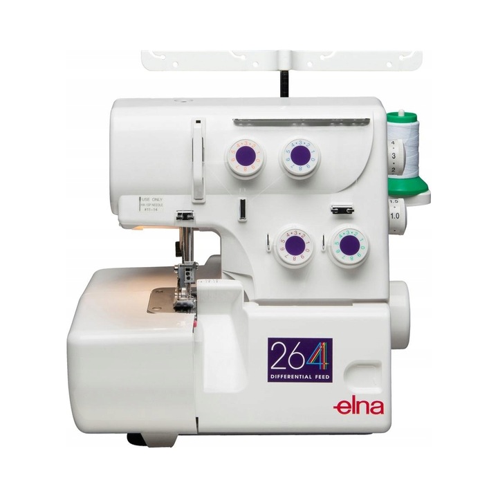 Masina de cusut Elna 264D, overlock 3-4 fire, metalica, alba, compacta