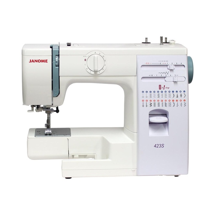 Masina de cusut Janome 423S, 25 programe, metalica, alba, 37x18x28cm