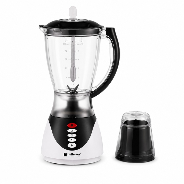 Blender Hoffmans Electronics HM-188 cu Rasnita, 450 W, Vas 1.5 L, 4 viteze + Pulse, Lame din inox, Recipient pentru macinare, Negru sau Verde