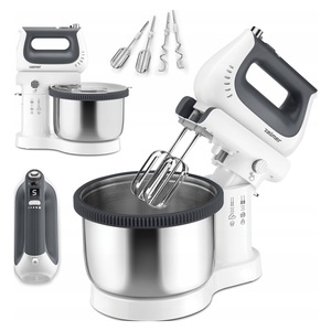 Mixer de mână Zelmer ZHM2659, 1400W, bol rotativ 3,8 L, 5 viteze + funcție turbo, tehnologie Super Silent, accesorii (2 cârlige pentru aluat, 2 teluri), alb/gri