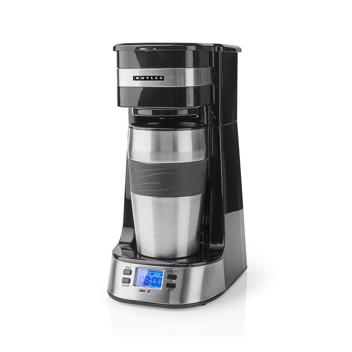 Cafetiera pentru o singura servire, 0, 4 l, cronometru, cana de calatorie, neagra