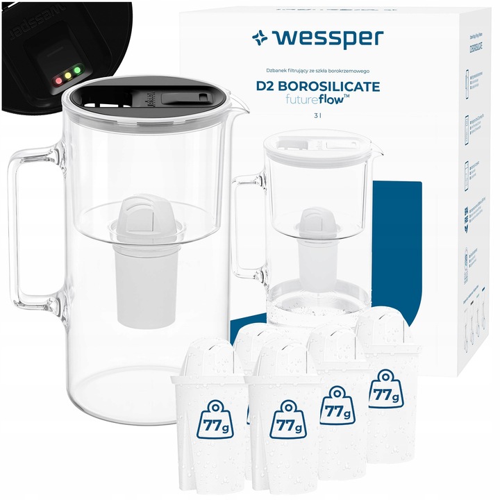 Cana filtranta Wessper D2 borosilicat 3L negru set 6 filtre