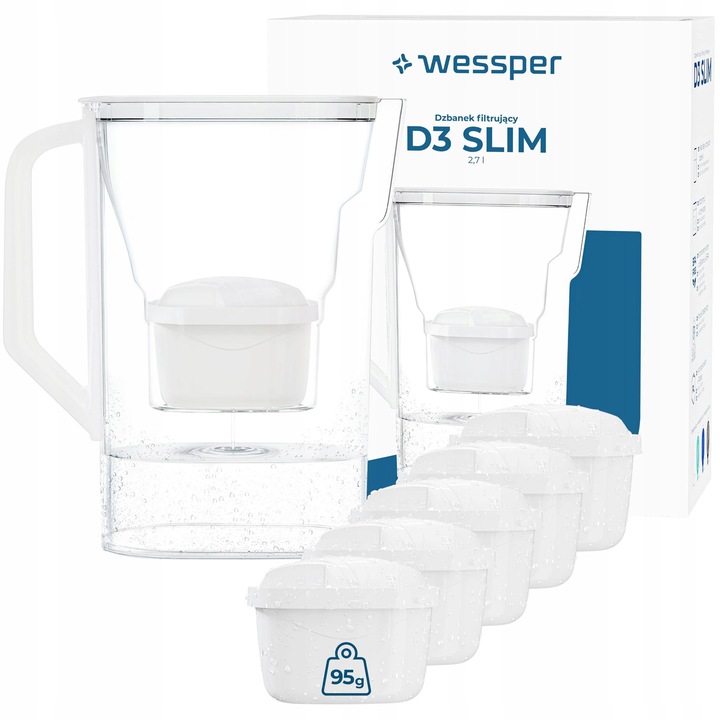 Carafa filtranta Wessper D3 SLIM 2,7l alb 23x25cm set 6 filtre