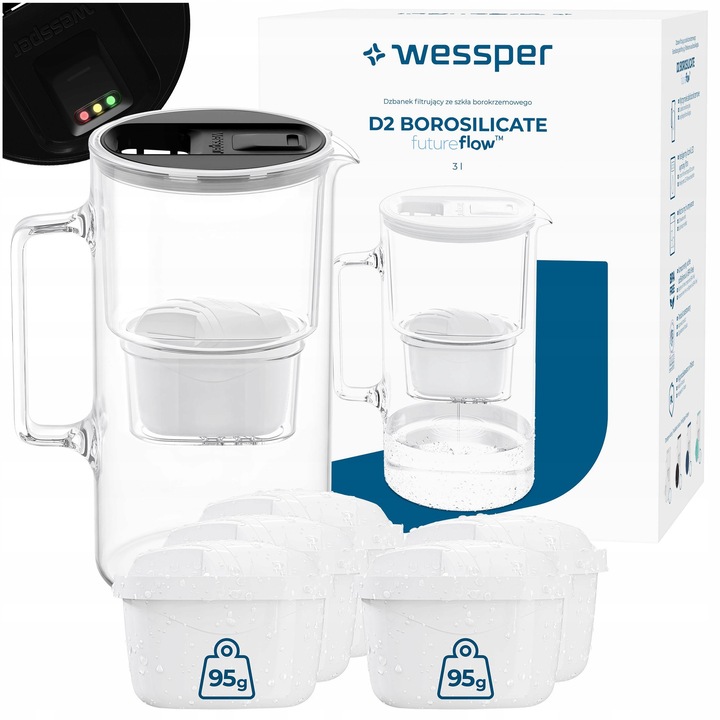 Dzbanek filtrant sticla Wessper D2 borosilicat 3l cu filtru set 6 buc
