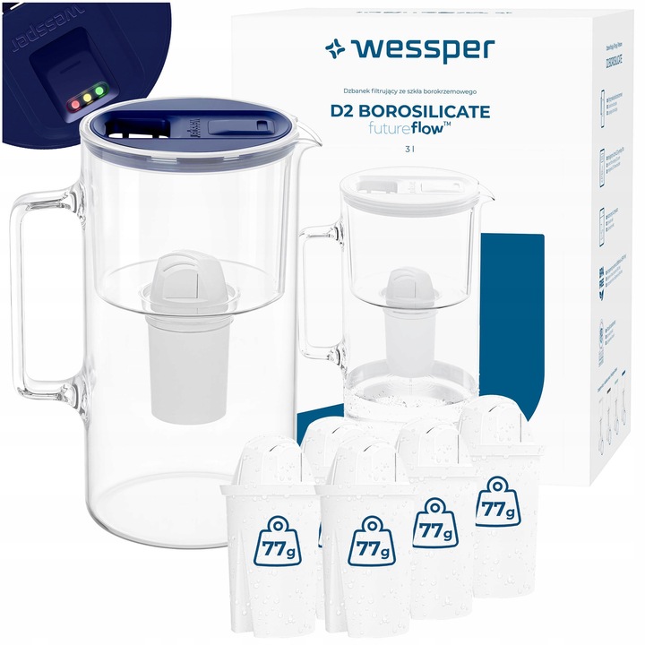 Cana filtranta Wessper D2 borosilicat 3l albastru set 6 filtre