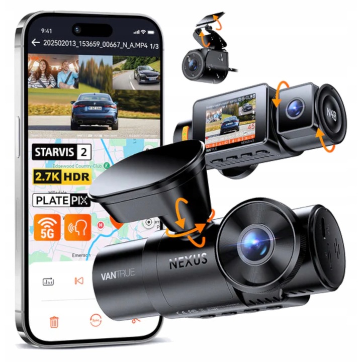 Vantrue N4S 3CH 1944P+1440P+1440P HDR autós kamera, fekete, 2.0" + ülésrendező + 2xUSB 12/24V autós töltő