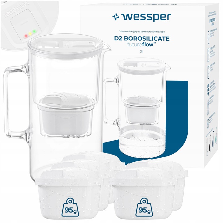 Cana filtranta Wessper D2 borosilicat alb 3l set 6 filtre