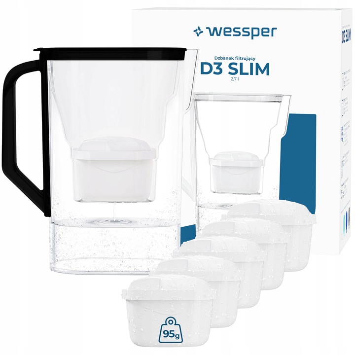 Cana filtranta Wessper D3 SLIM 2,7l negru cu filtru aquamax set 6 buc