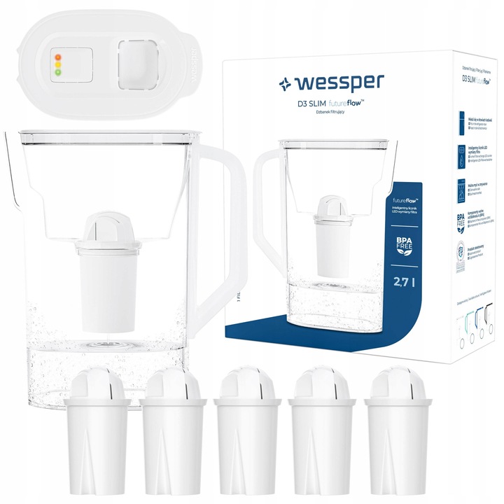 Cana filtranta Wessper D3 SLIM FutureFlow alb 2,7l set 6 filtre