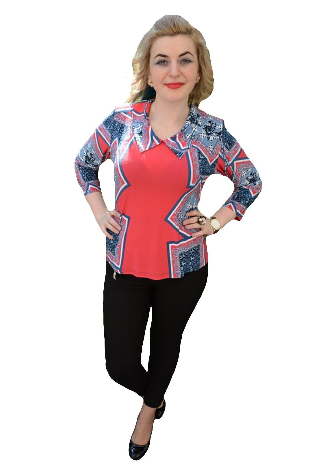 Bluza casual cu imprimeu geometric,masura mare,D&J Exclusive, Rosu/Bleumarin