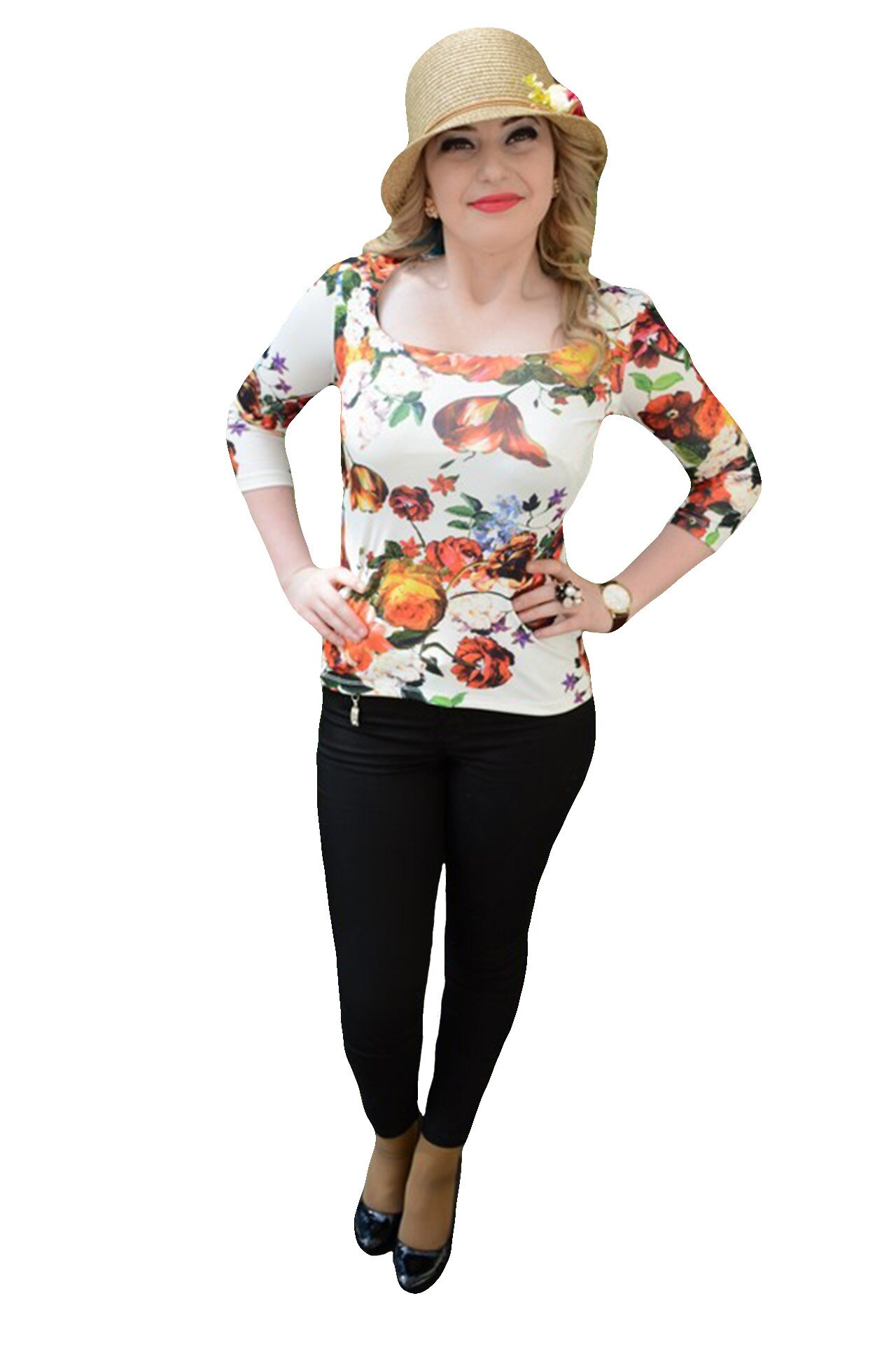 Bluza trendy de primavara, cu imprimeu floral realist, D&J Exclusive, Multicolor